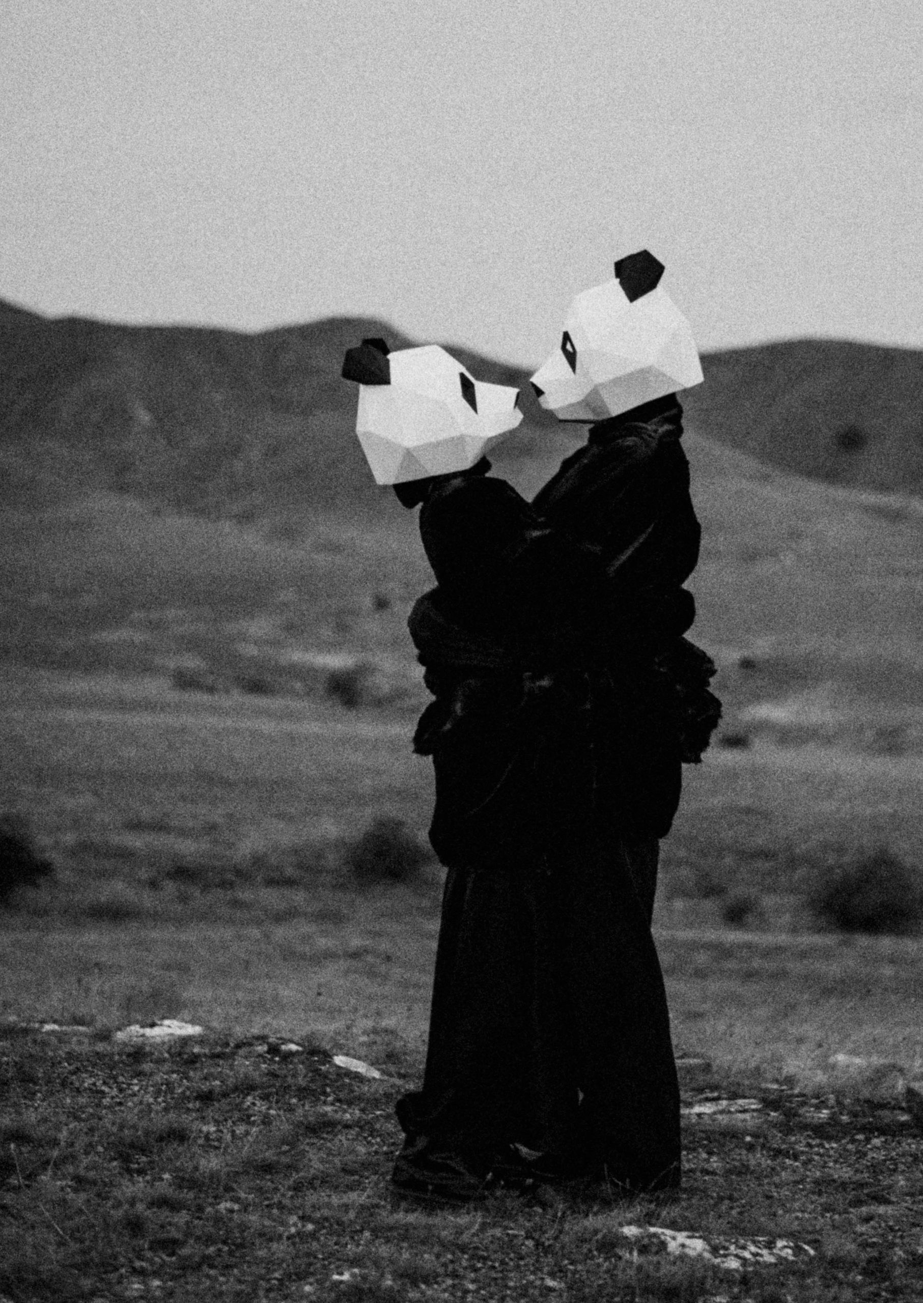 Two adults in panda masks embrace in a grayscale outdoor setting.
